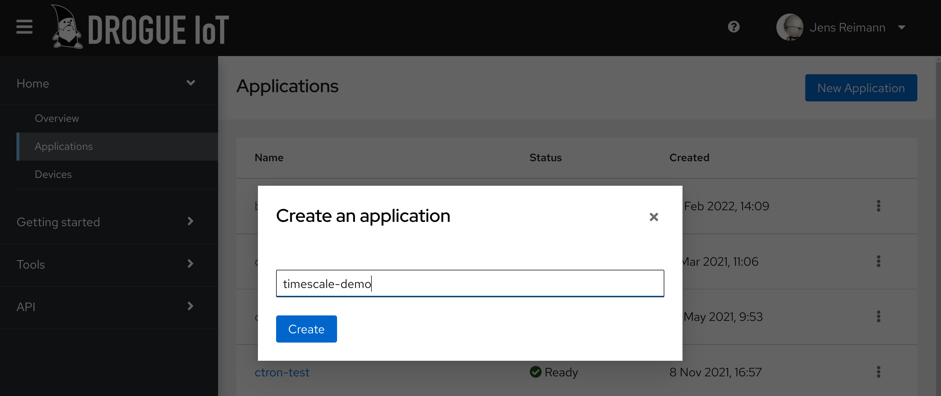 Application creation dialog