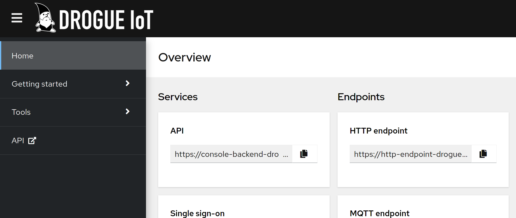 Screenshot home page showing the API endpoint information
