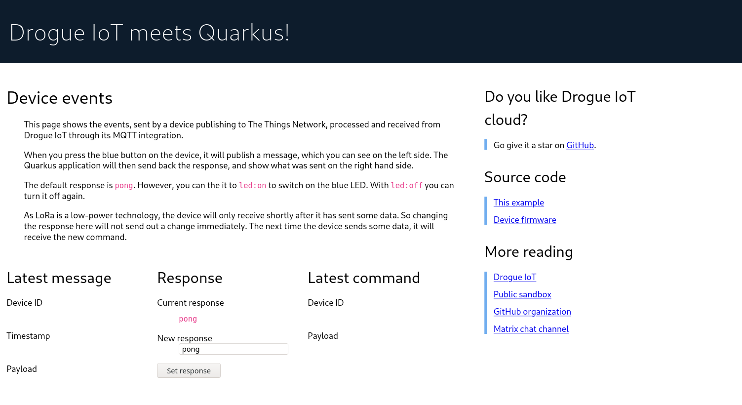 Screenshot of Quarkus application