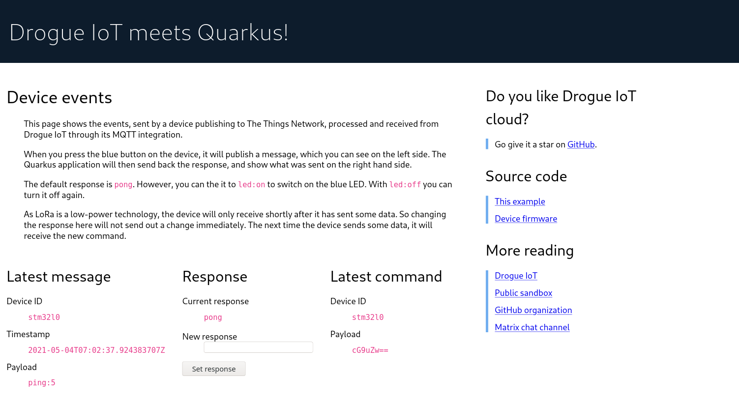 Screenshot of Quarkus application